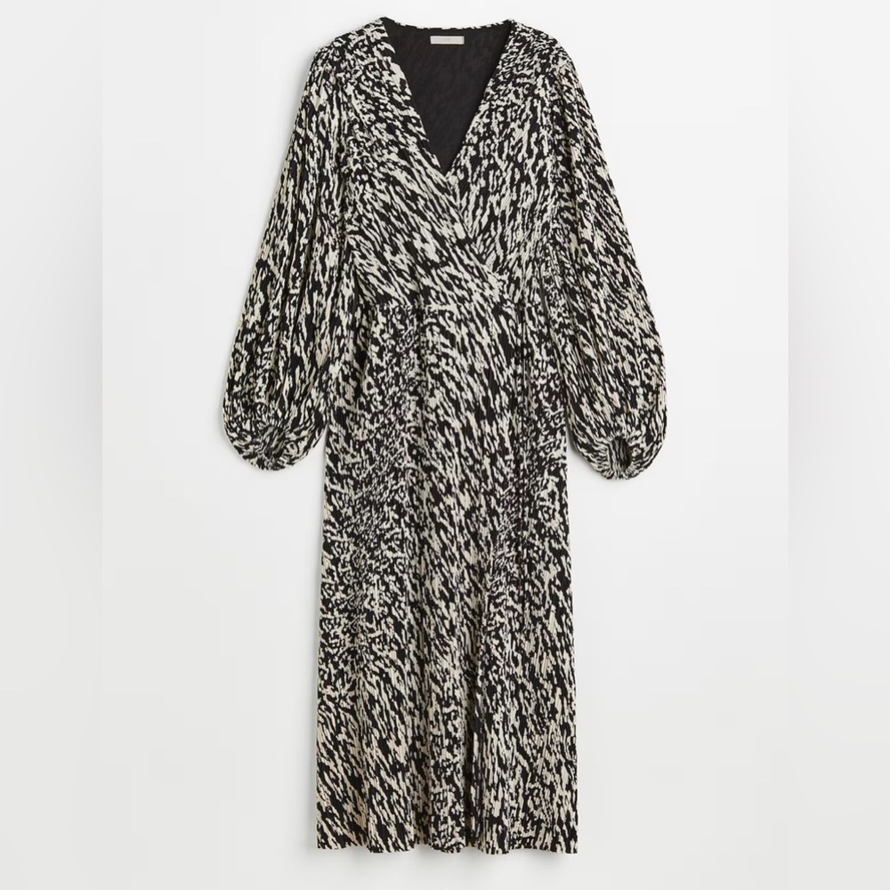 H&M Light Beige Black Printed V Neck Balloon Sleeve Wrap Dress Womens Large